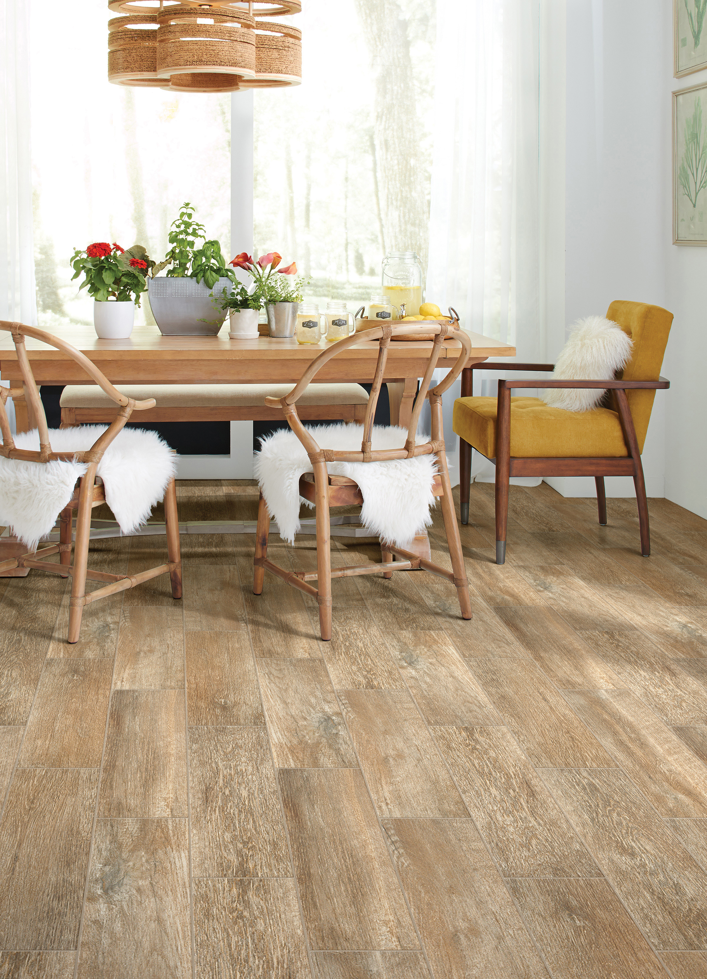 wood-look tile flooring in a dining room